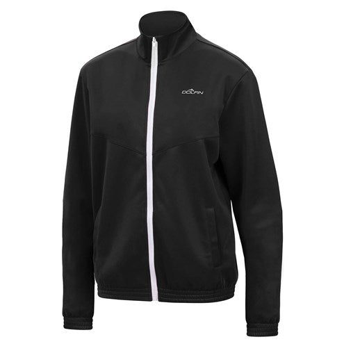 Black zip-up jacket with white zipper