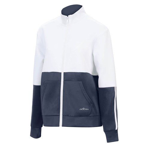 white and navy zip-up track jacket