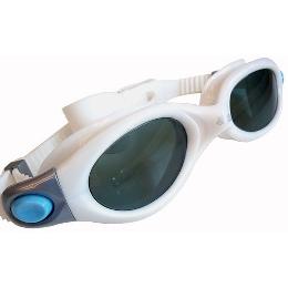 White swimming goggles with dark tinted lenses