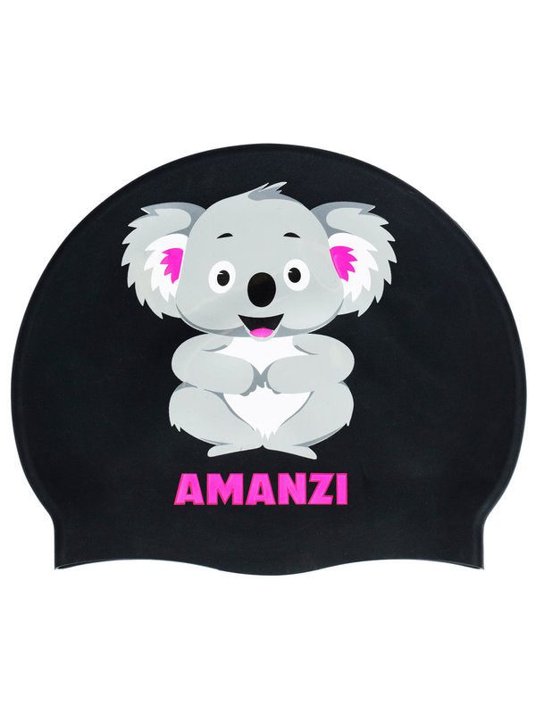 Black swim cap with cartoon koala and AMANZI