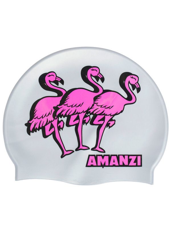 White swim cap with three pink flamingos