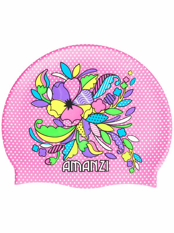 Amanzi pink polka-dot swim cap with floral
