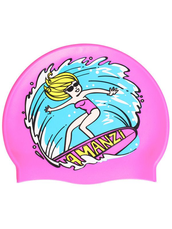 Pink swim cap with cartoon surfer on wave