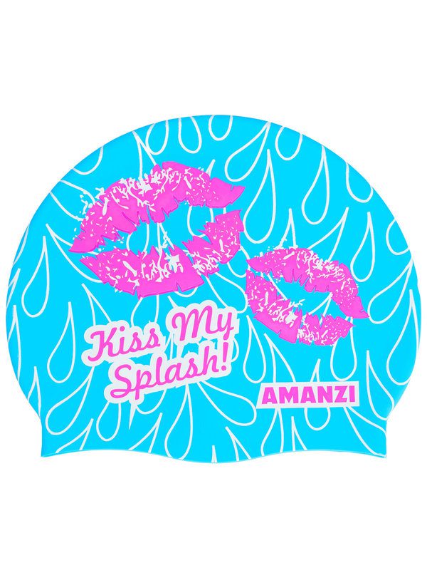 Blue swim cap with pink lipstick kisses