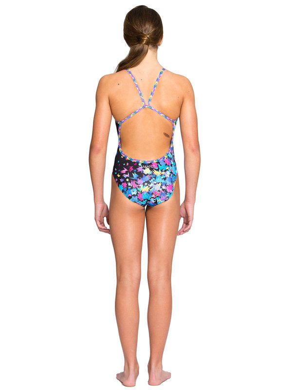 Back view of colorful one-piece swimsuit