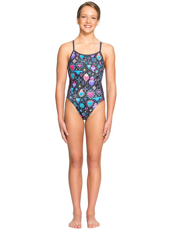 Colorful heart-print one-piece swimsuit on model
