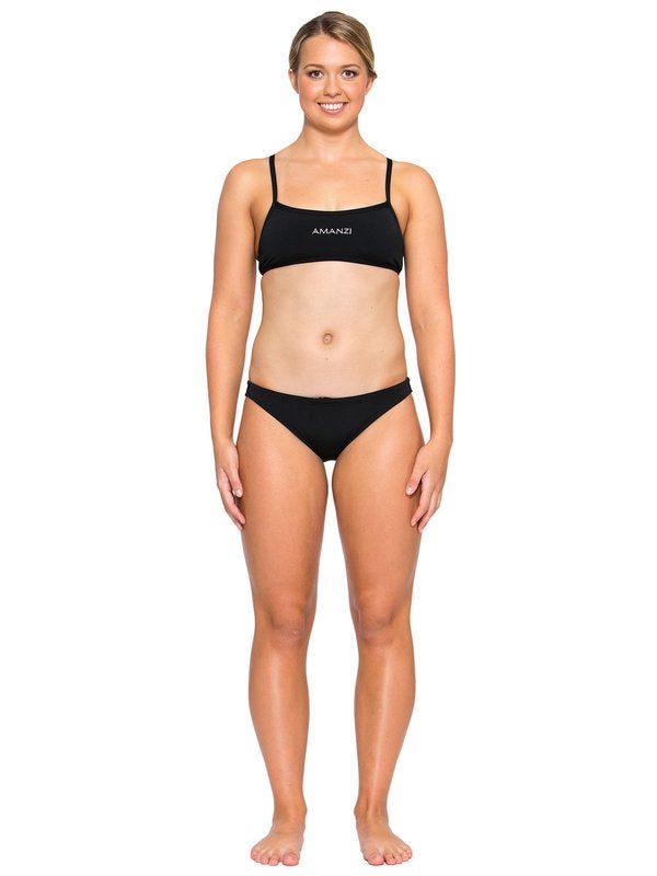 Woman in black bikini, full-length