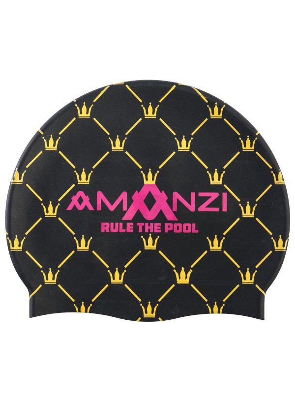 Black swim cap with yellow crowns, pink logo