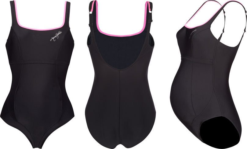 Women's black one-piece swimsuit with pink trim