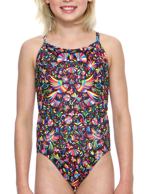 Girls colorful bird-print one-piece swimsuit