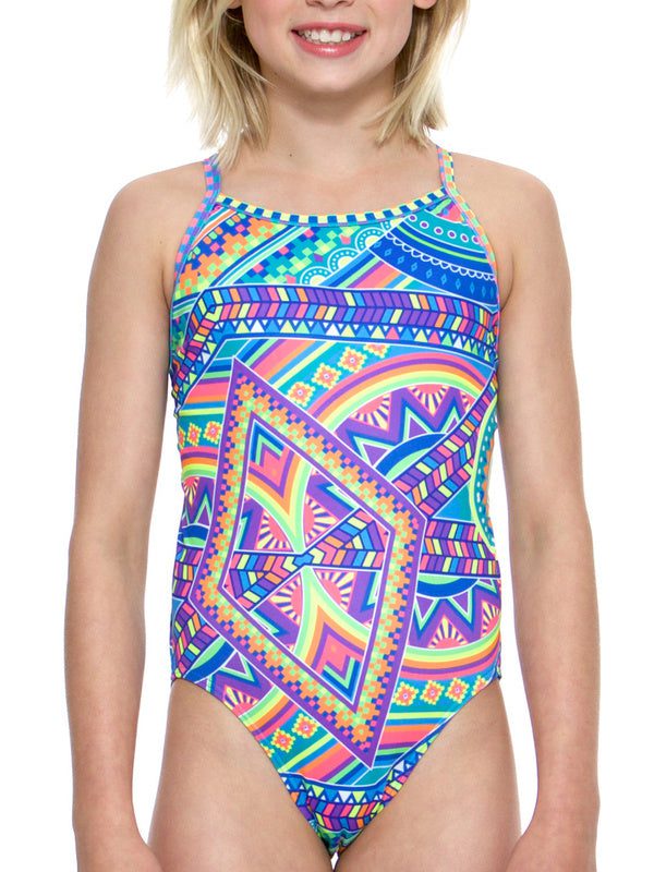 Colorful geometric one-piece swimsuit on model