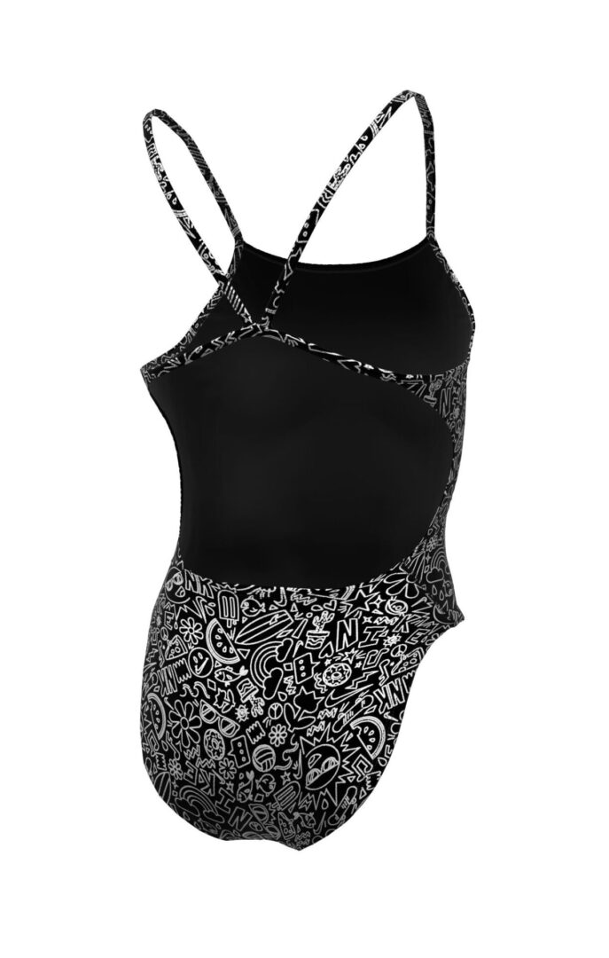 Black one-piece swimsuit with white doodle pattern