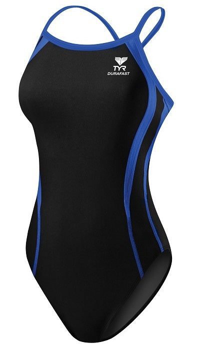 Women's black one-piece swimsuit with blue trim