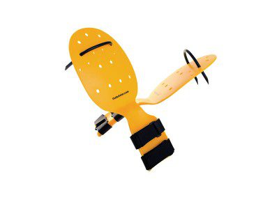 Yellow swim hand paddles with black straps
