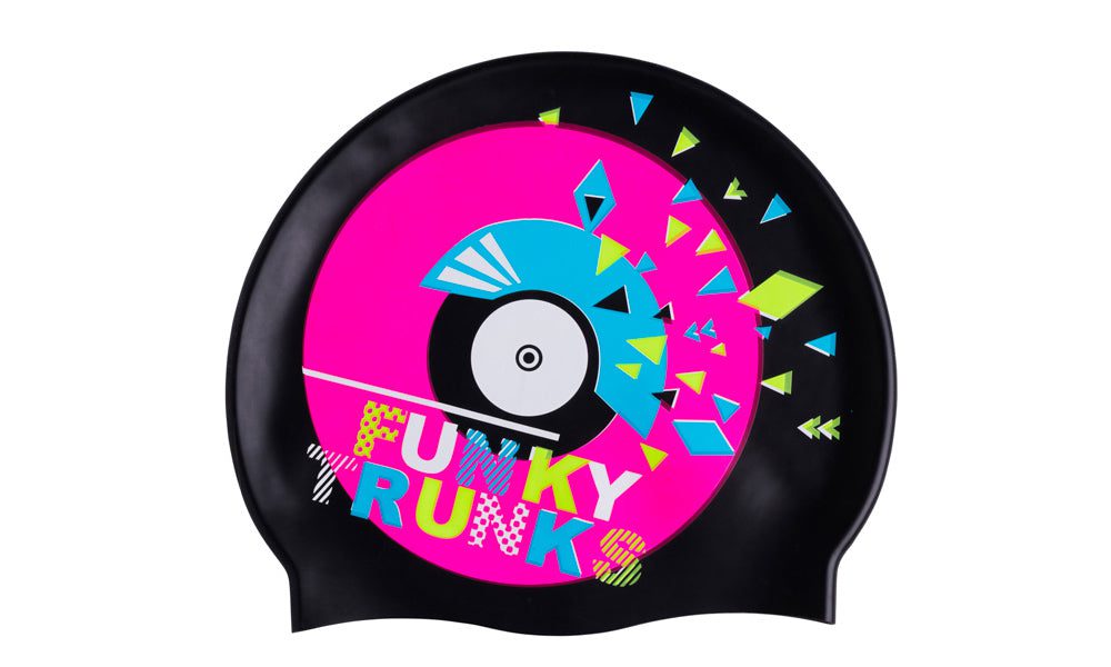 Black swim cap with funky colorful vinyl design