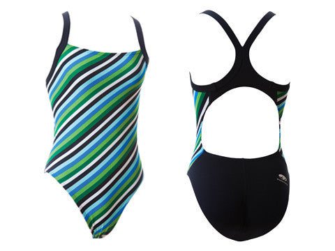 Striped green and blue women's one-piece swimsuit