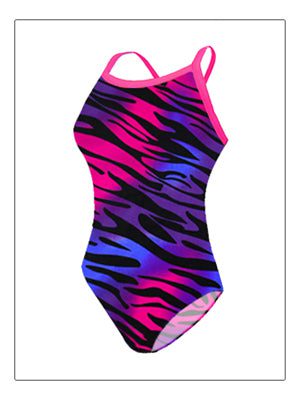 Pink and purple zebra-print one-piece swimsuit
