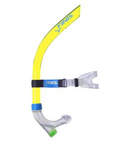 Yellow curved snorkel with mouthpiece and strap