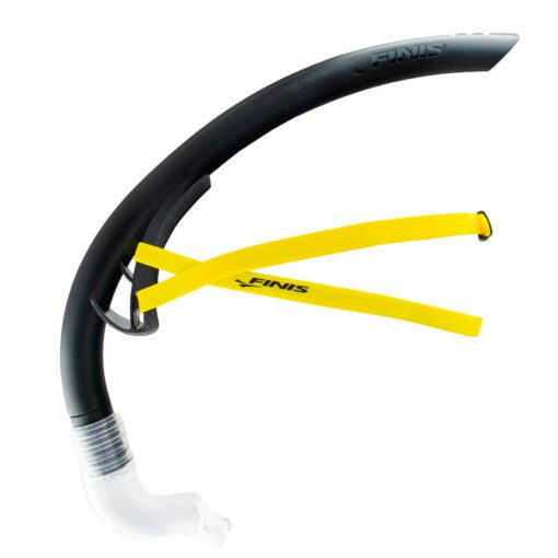 Black curved swim snorkel with yellow straps