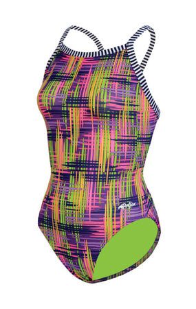 Women's neon plaid one-piece swimsuit with striped straps