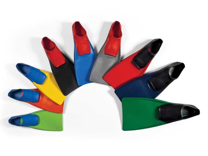 Colorful swim fins arranged in a semicircle