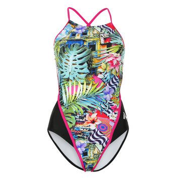 Tropical print one-piece swimsuit with pink trim