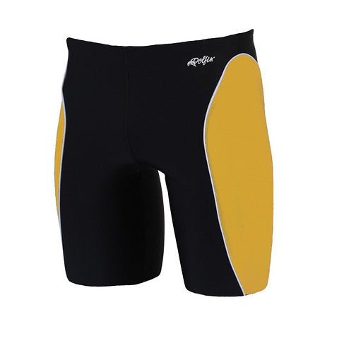 Black swim jammers with yellow side panels