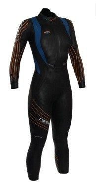 Black full-body women's wetsuit with blue panels