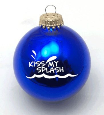 Blue ornament with Kiss My Splash logo