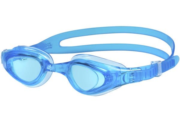 Blue swim goggles with adjustable double strap