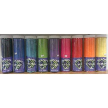Assorted colorful microfiber sport towels in tubes