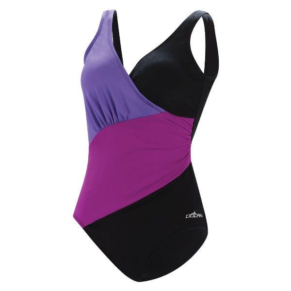 Black one-piece swimsuit with purple and magenta