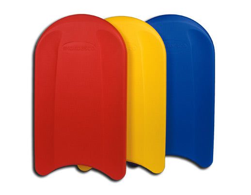 Three colorful swim kickboards red yellow blue
