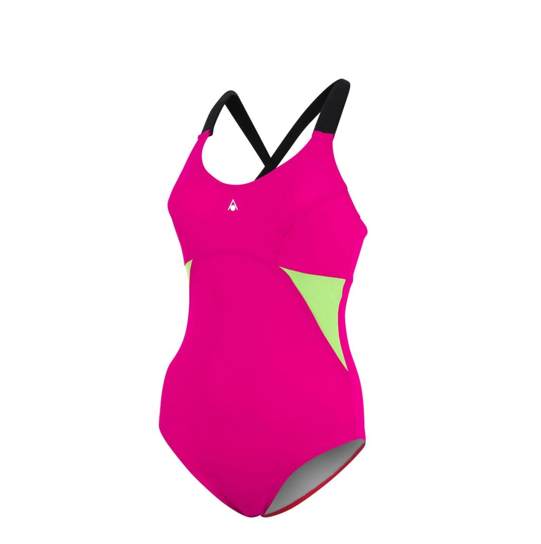 Pink one-piece swimsuit with lime-green accents