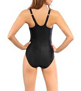 Back view of woman in black one-piece swimsuit