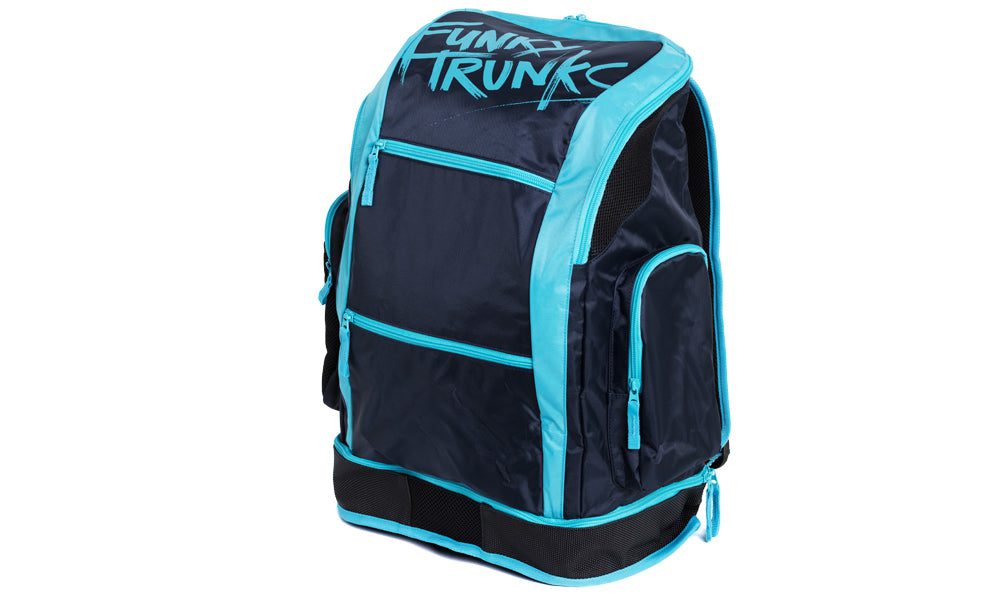 Navy backpack with turquoise trim and pockets