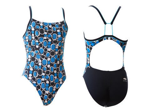 Blue geometric one-piece swimsuit front and back