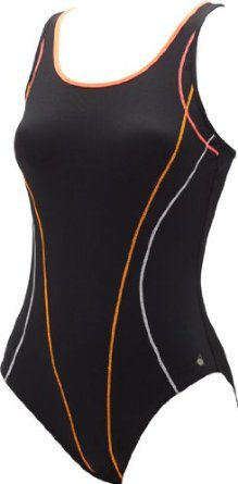 Black one-piece swimsuit with orange and white piping