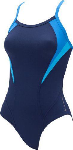 Navy one-piece athletic women's swimsuit with blue accents