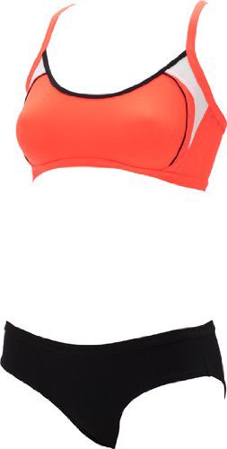 Coral sports bikini top with black bottoms