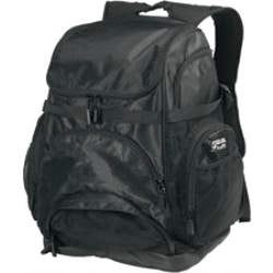 Black backpack with multiple pockets and straps