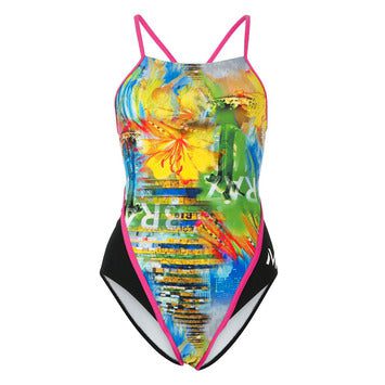 Women's colorful floral one-piece swimsuit with pink straps