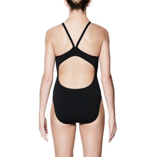 Back view of black cutout one-piece swimsuit