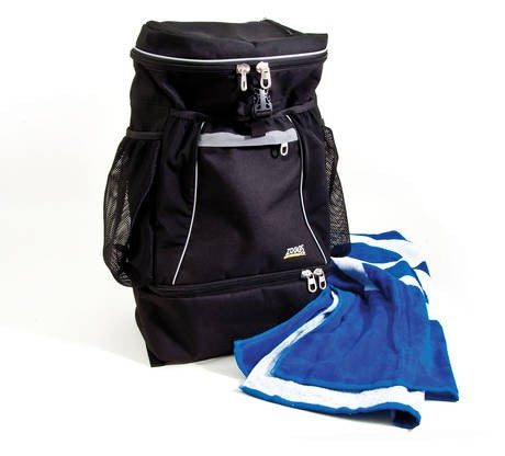 Black backpack with blue towel