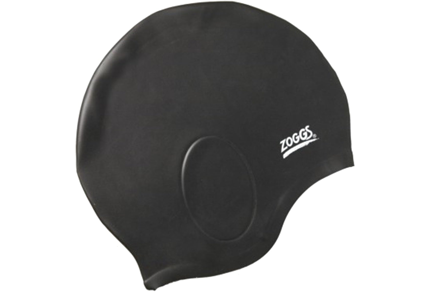 Black silicone swim cap with Zoggs logo
