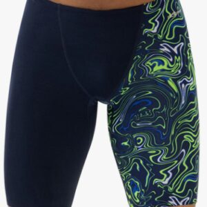 Men's navy swim jammers with green swirl panel