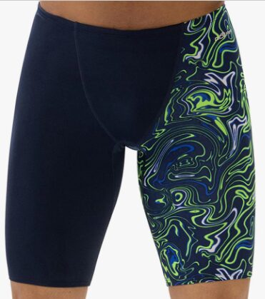 Men's navy swim jammers with green swirl panel