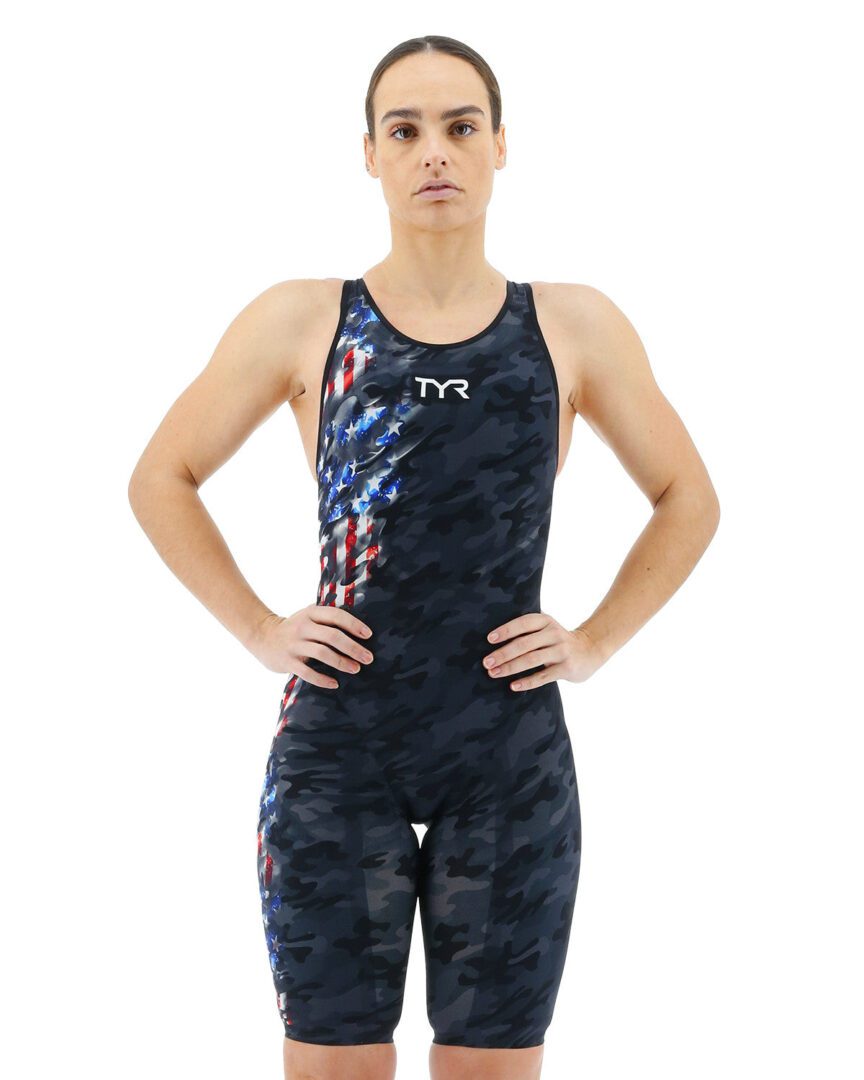 Person wearing TYR USA-pattern racing swimsuit