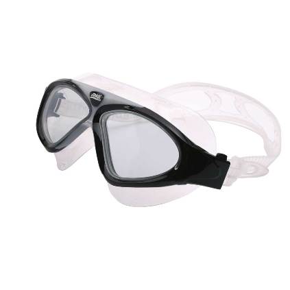 Black swimming goggles with clear strap
