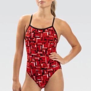 Woman wearing red geometric one-piece swimsuit